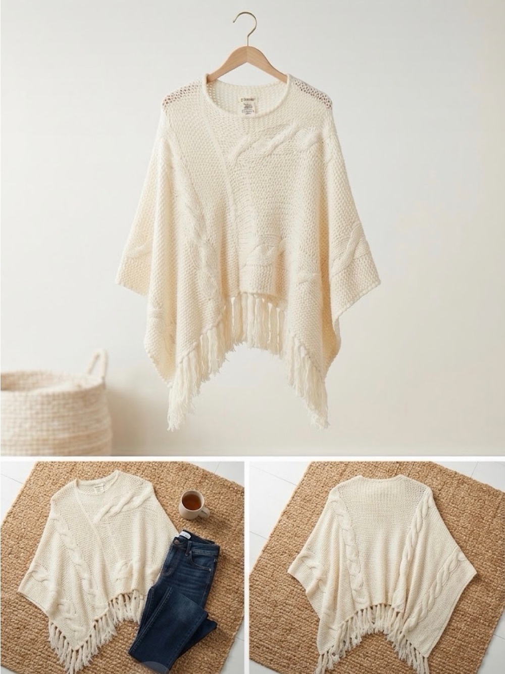 St. John's Bay Cream Knit Fringe Poncho